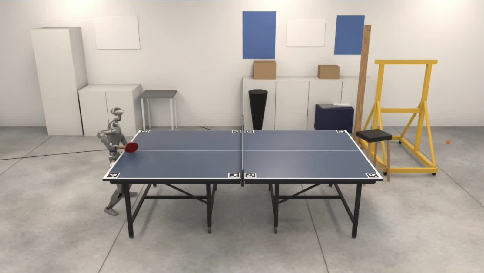 Antioch simulation of HIM’s ping pong lab with a humanoid robot at the table.